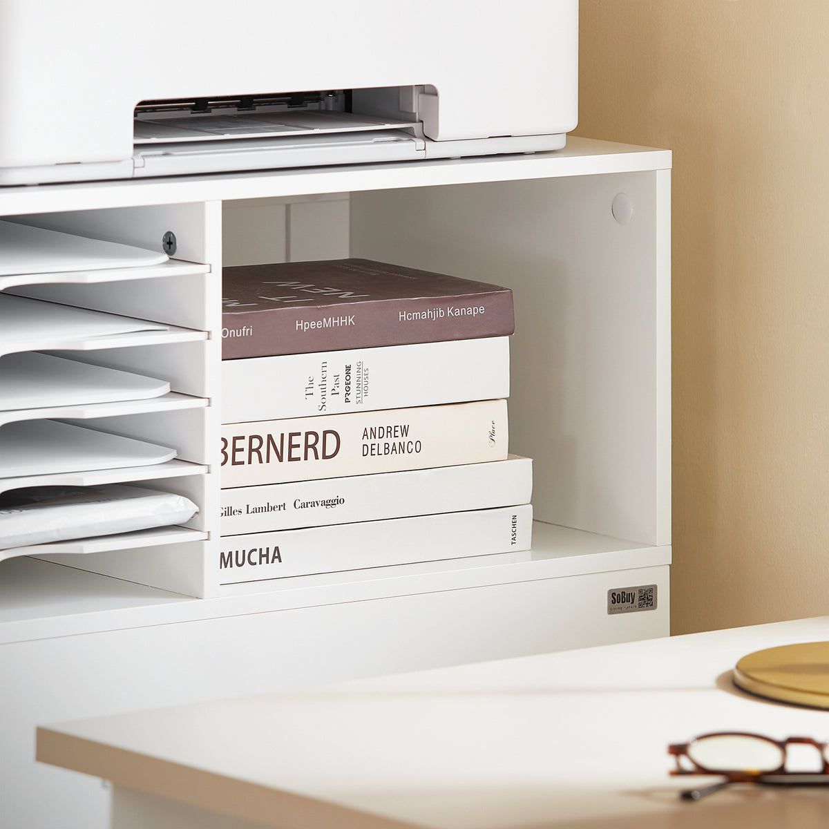 SoBuy ASK12-W Mobilier Imprimantă cu roți Suport Imprimantă Rulabil Dulap de Birou cu Compartimente Mobilier Mic de Depozitare Birou Compact 60x33x100 cm Alb