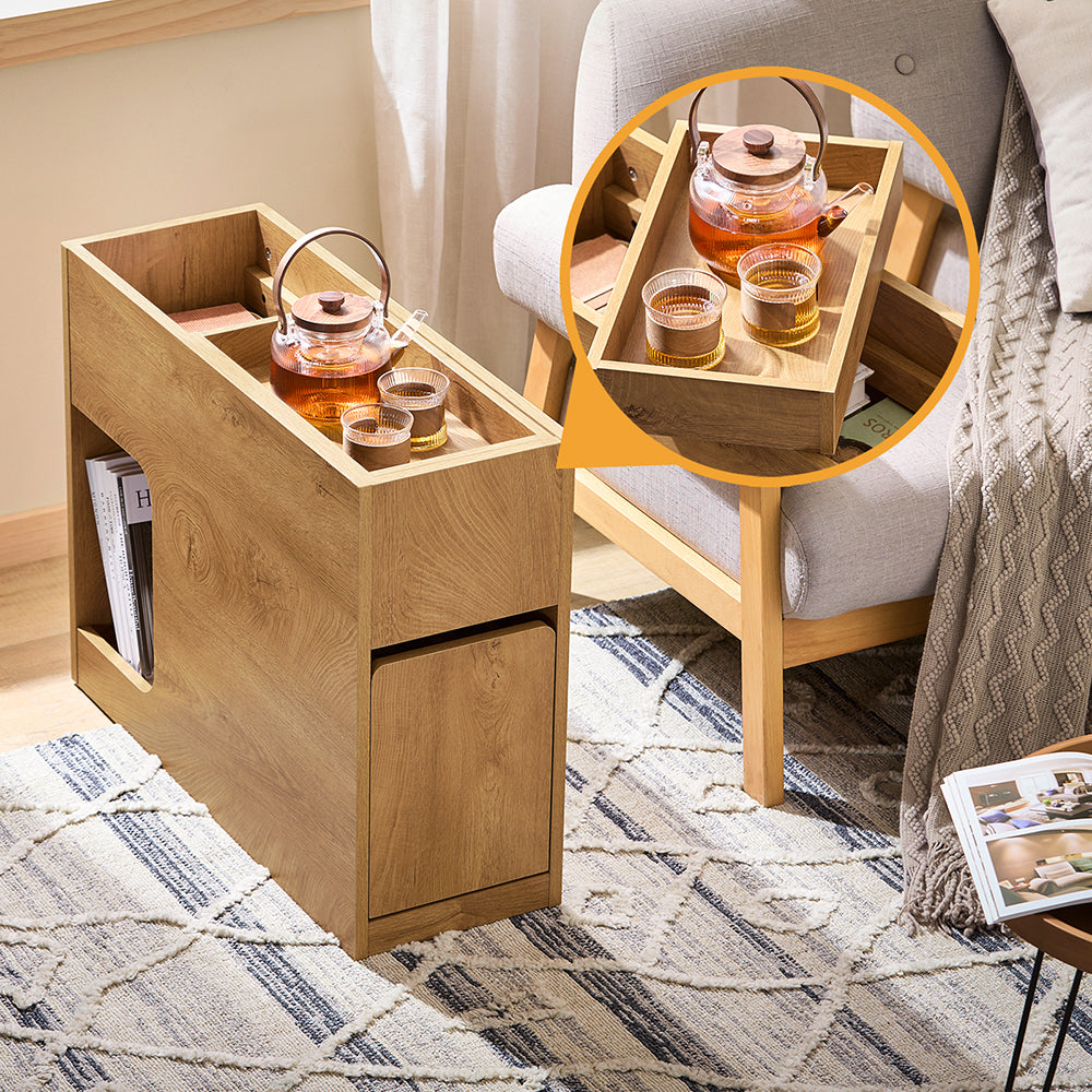 SoBuy FBT158-N Masă laterală subțire cu tavă detașabilă și sertar, noptieră îngustă de 25 cm, mobilier de depozitare cu economie de spațiu pentru sufragerie, dormitor, natur, L25 x P70 x H55 cm