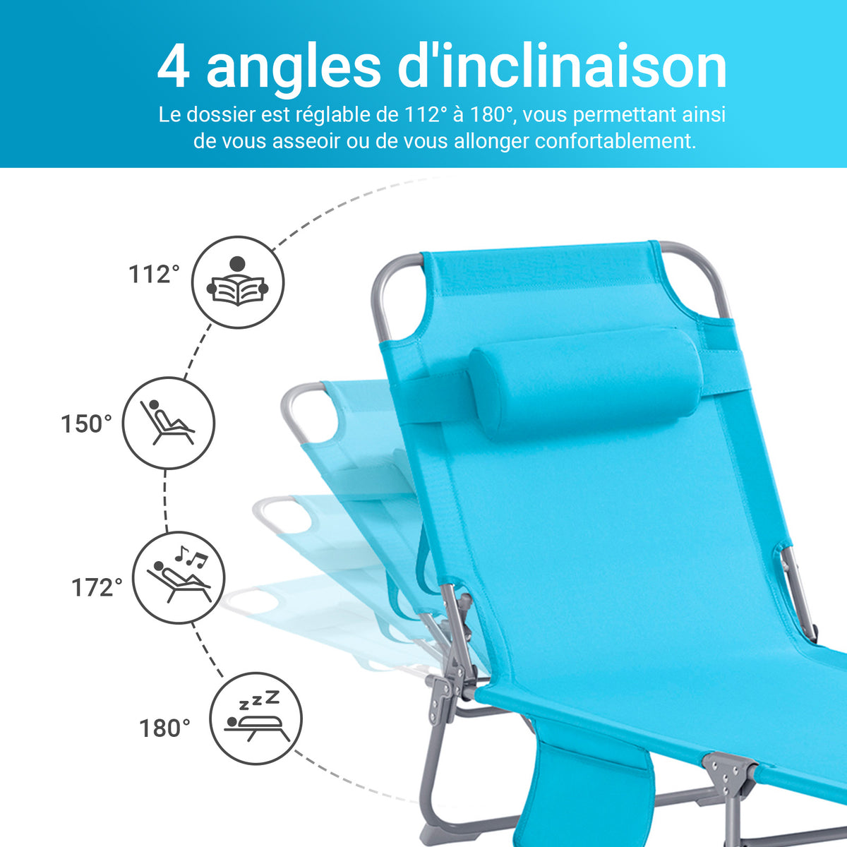 SoBuy OGS35-Bx2 Lot de 2 Transats de Jardin Pliable avec Oreiller et Poche Latérale, Chaise Longue Relax, Design Fonctionnel – L155×P56×H81 cm, Bleu Ciel