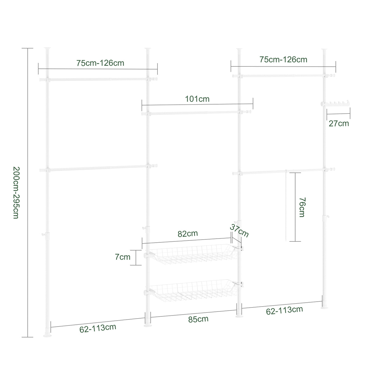SoBuy KLS04-II-W Suport telescopic pentru haine, rezistent - Dulap deschis reglabil cu bare și rafturi, Cuier pentru dormitor/dressing, Alb