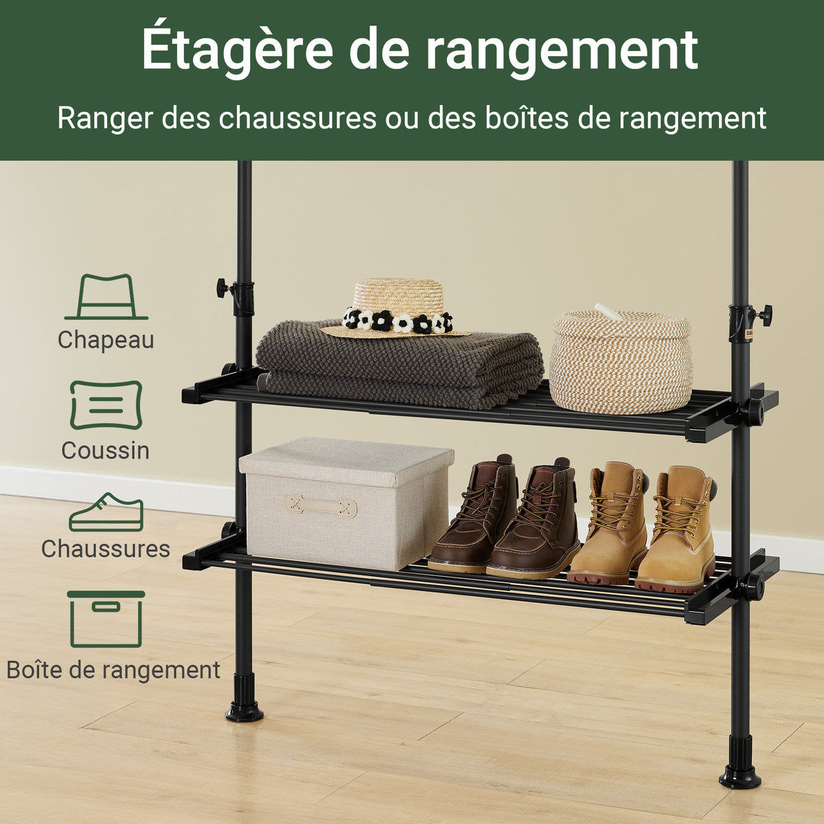 SoBuy FRG34-II-SCH Suport de haine telescopic robust – Dressing deschis reglabil cu bare și rafturi, Cuier pentru dormitor sau dressing, Negru