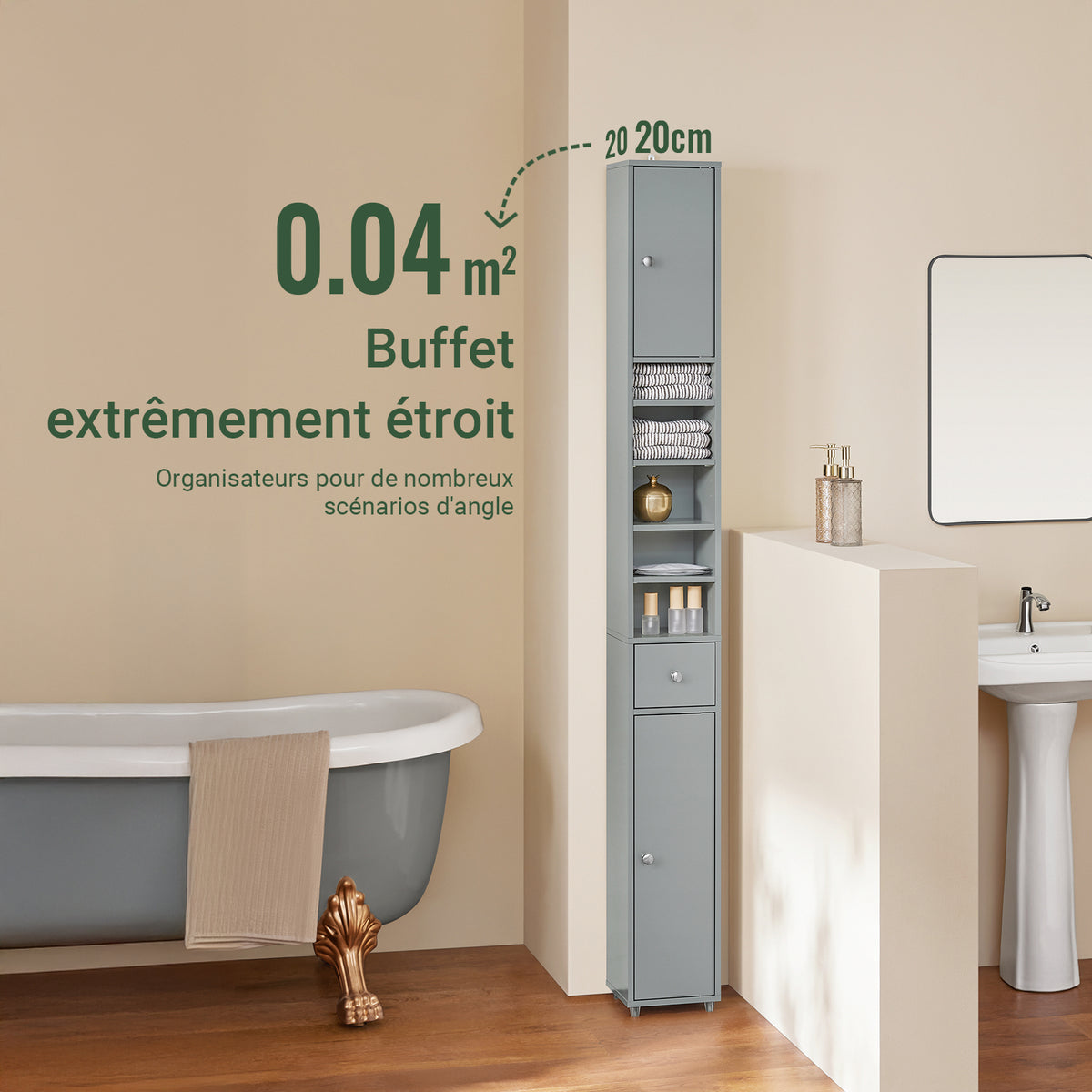 SoBuy BZR34-HG Dulap-coloană înalt de baie cu 1 sertar, 2 uși și 5 compartimente