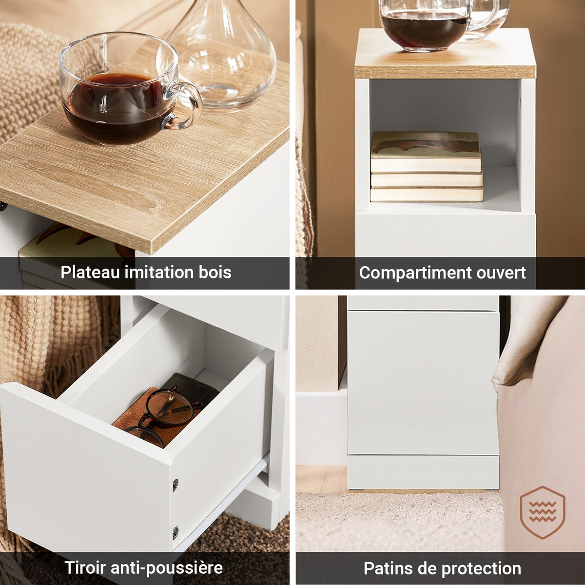 SoBuy FBT149-WN Table de Chevet Étroit 20 cm, 2 Tiroirs et Étagère – Table de Nuit Slim Gain de Place, Blanc Naturel