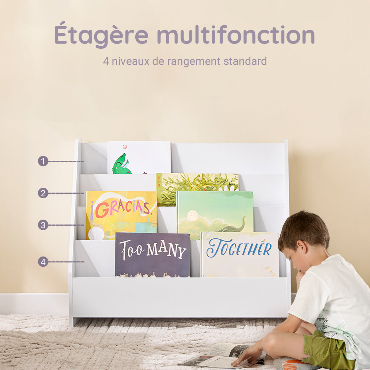 SoBuy KMB32-K-W Bibliotecă pentru copii, organizator jucării, bibliotecă cu cărți, 4 niveluri și 1 compartiment deschis, raft pentru cărți, mobilă de depozitare pentru camera copilului, birou, sufragerie, alb, 70x30x60 cm