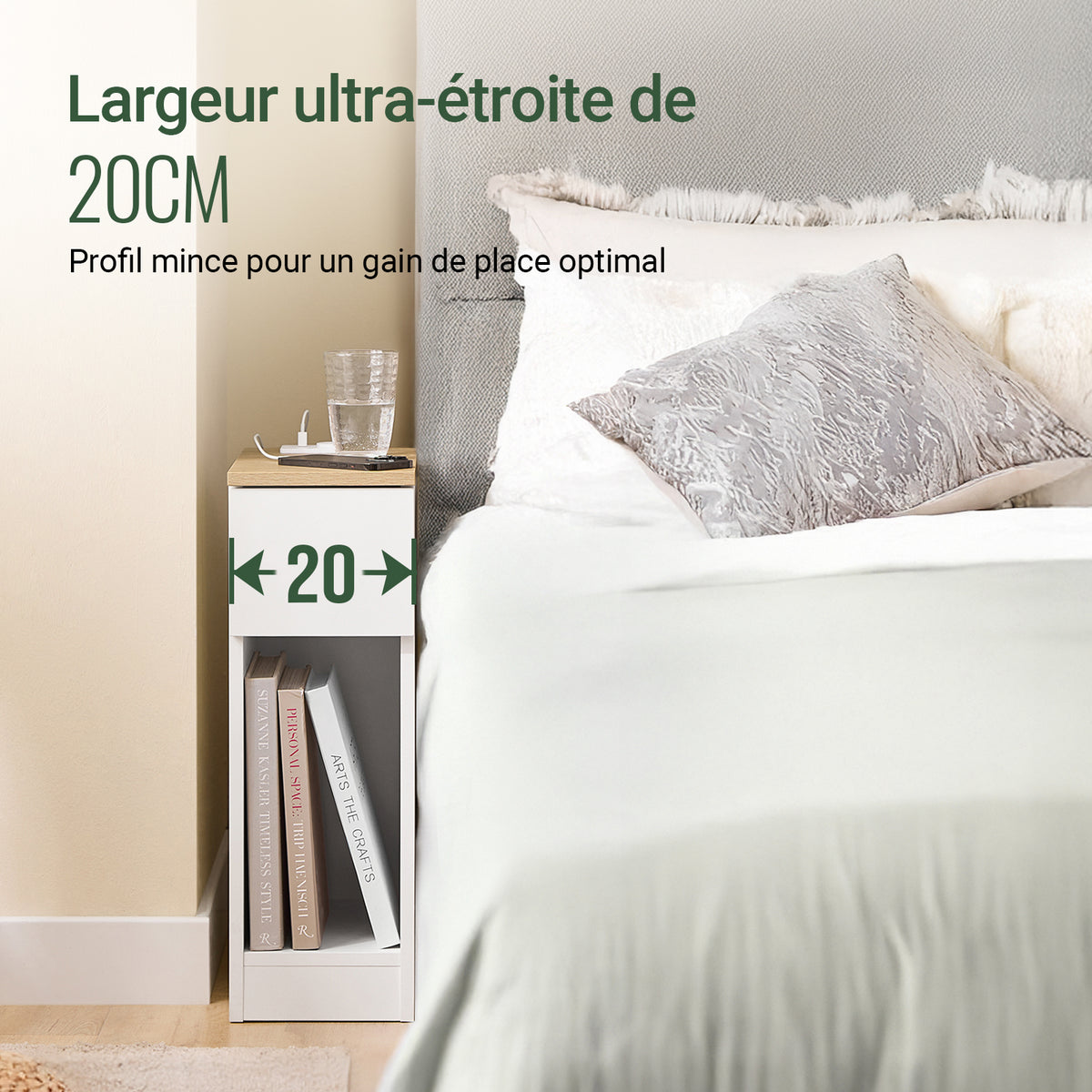SoBuy FBT111-E-WNx2 Set de 2 Noptiere Înguste cu Stație de Încărcare, Măsuță Laterală Subțire cu Priză Standard, Port USB și Port Type-C pentru Dormitor și Living, Alb 20 x 35 x 60 cm
