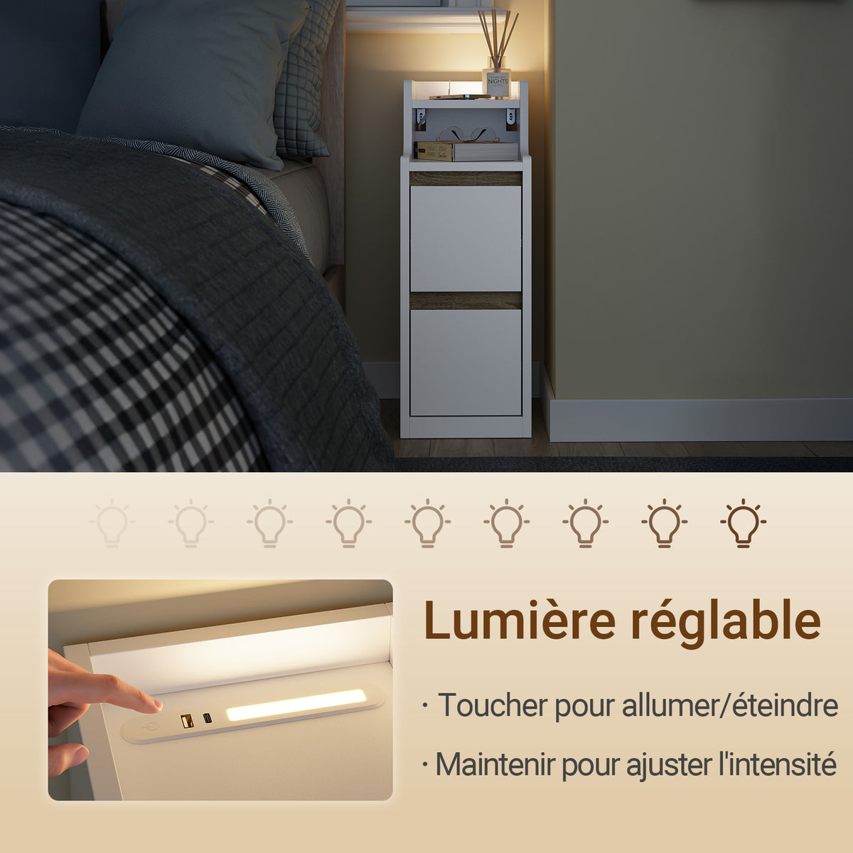 SoBuy FBT171-WN Noptieră îngustă, Masă de noapte cu sertar și raft, Mobilier de accent modern pentru dormitor și living, Alb, 20 x 35 x 60 cm