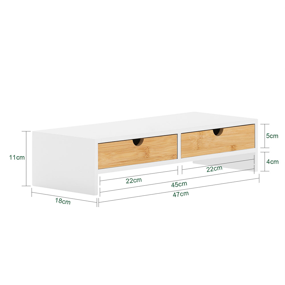 SoBuy BBF02-WN Suport Monitor PC, Raft de Ridicare Monitor PC, Birou cu 2 Sertare și Spațiu de Depozitare, Suport Universal Monitor pentru Laptop sau Monitor, Alb-Natur 47x18x11cm