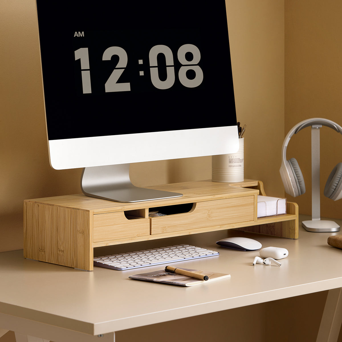SoBuy BBF12-N Suport monitor Suport ergonomic monitor Suport universal pentru monitor calculator, 2 sertare