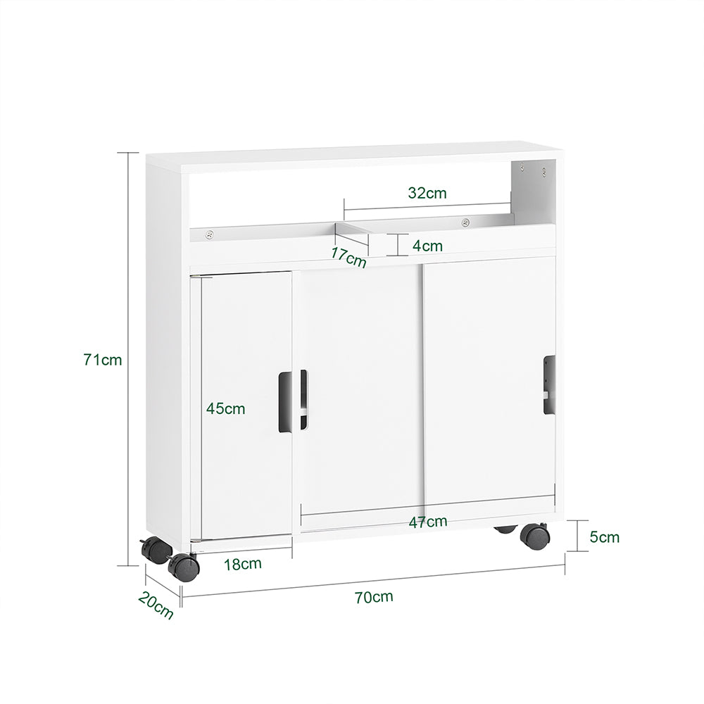 SoBuy BZR02-W Dulap WC Baie cu Roți, Dulap Mic de Depozitare, cu 2 Uși Glisante și Raft Deschis, Dulap Toaletă pentru Spații Reduse Alb 70x71x20cm