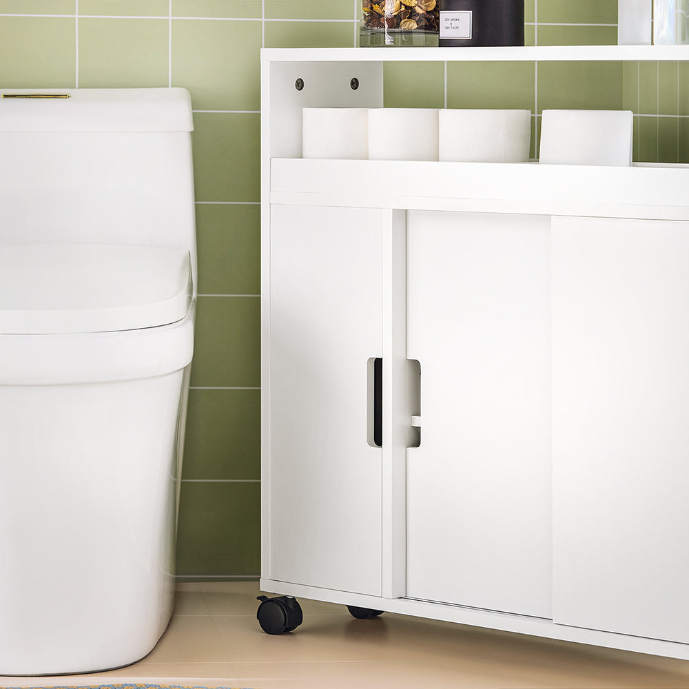 SoBuy BZR02-W Dulap WC Baie cu Roți, Dulap Mic de Depozitare, cu 2 Uși Glisante și Raft Deschis, Dulap Toaletă pentru Spații Reduse Alb 70x71x20cm