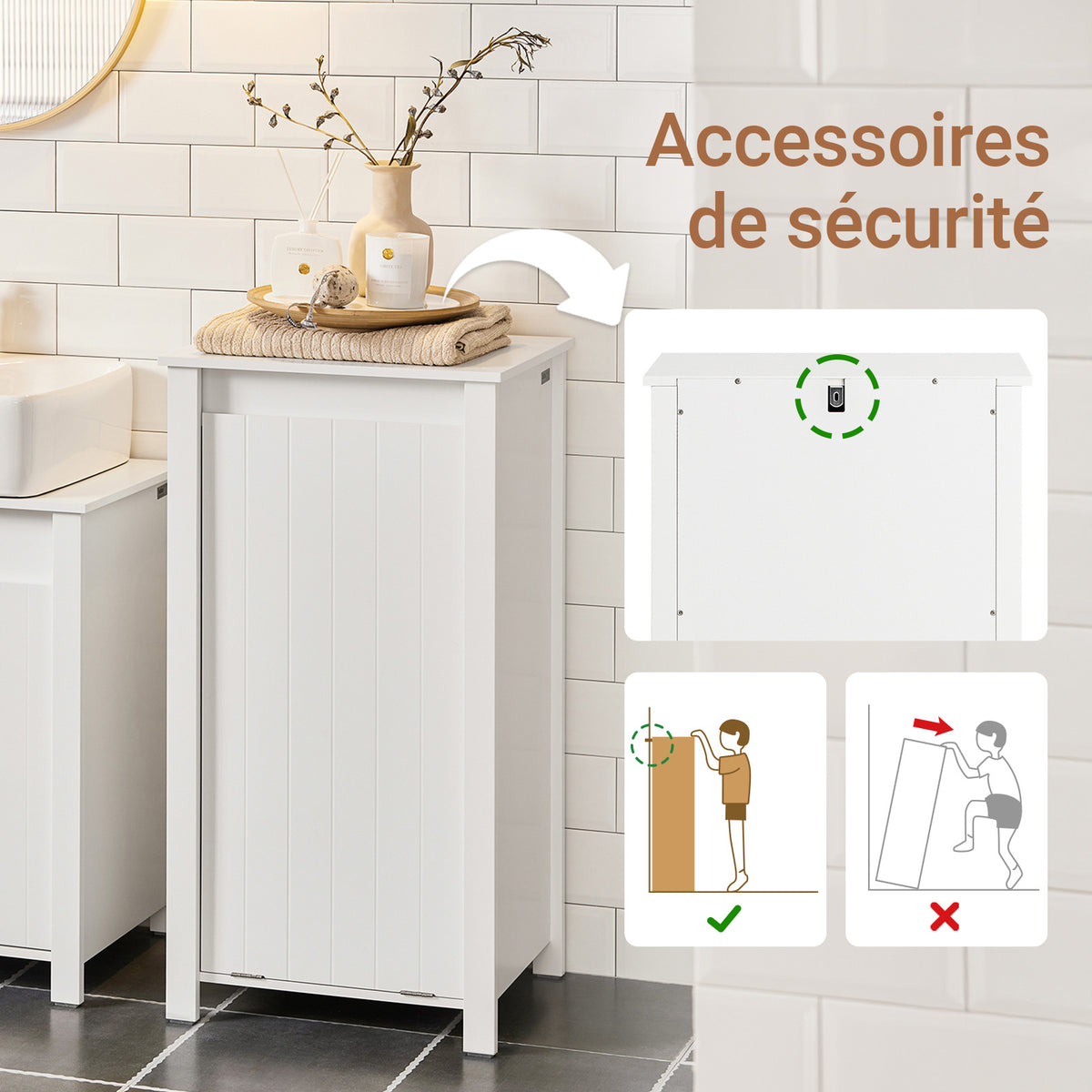 SoBuy BZR100-W Armoire à Linge avec Panier Rabattable et Sac Amovible à Poignées – L45×P35×H85,5 cm, Charge 15 kg, MDF E1, Blanc