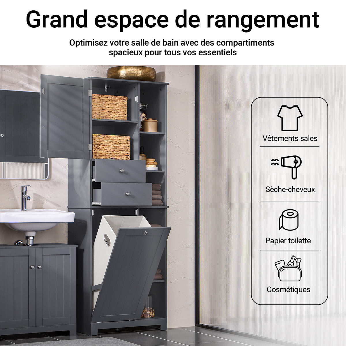 SoBuy BZR104-DG Colonne Salle de Bain Grise 171cm, Panier à Linge Amovible, 6 Étagères, 2 Tiroirs, Anti-Basculement, Charge 70 kg – 60x37x171 cm
