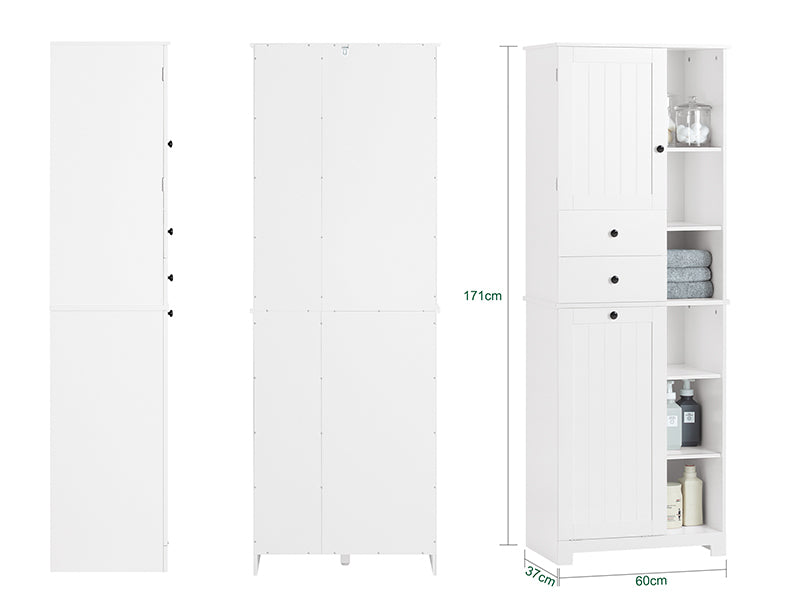 SoBuy BZR104-W Coloană pentru baie cu coș de rufe integrat – Dulap de depozitare 171 cm, 6 rafturi și 2 sertare, alb