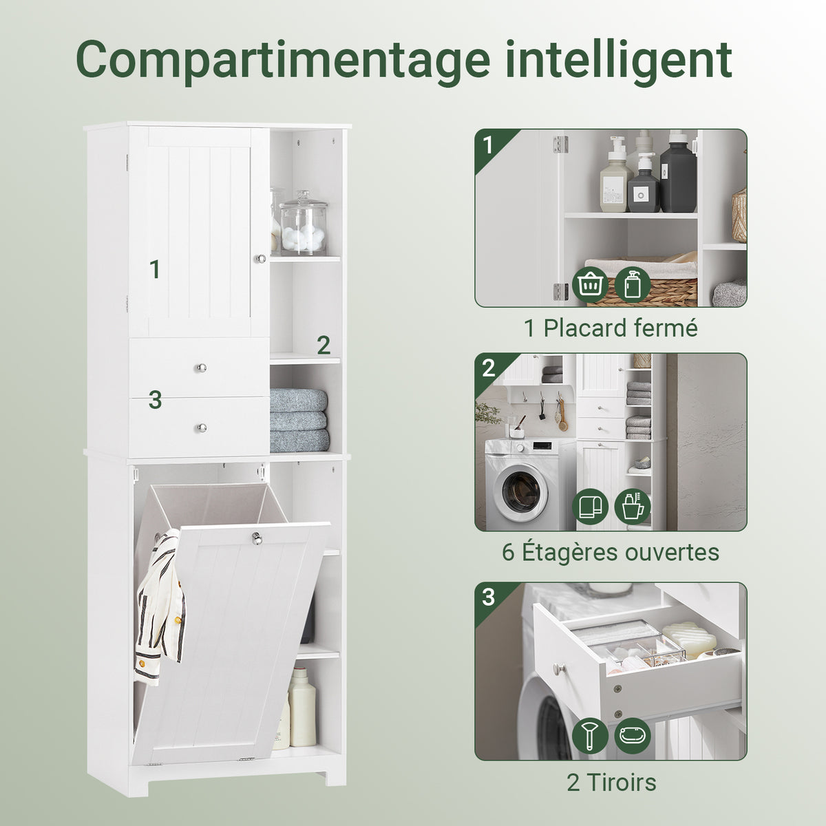 SoBuy BZR104-W Coloană pentru baie cu coș de rufe integrat – Dulap de depozitare 171 cm, 6 rafturi și 2 sertare, alb