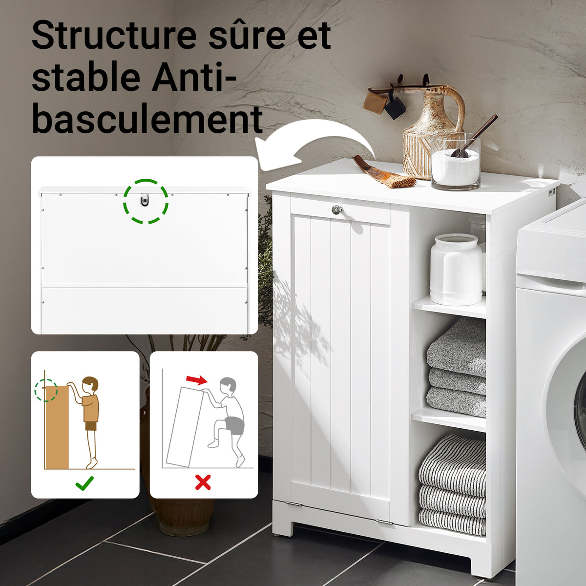 SoBuy BZR105-W Dulap de Baie cu Coșuri de Rufe – Dulap Inferior de Baie cu Coș Rabatabil și 3 Rafturi, Coș de Rufe, Lemn, Alb, 60x37x86 cm