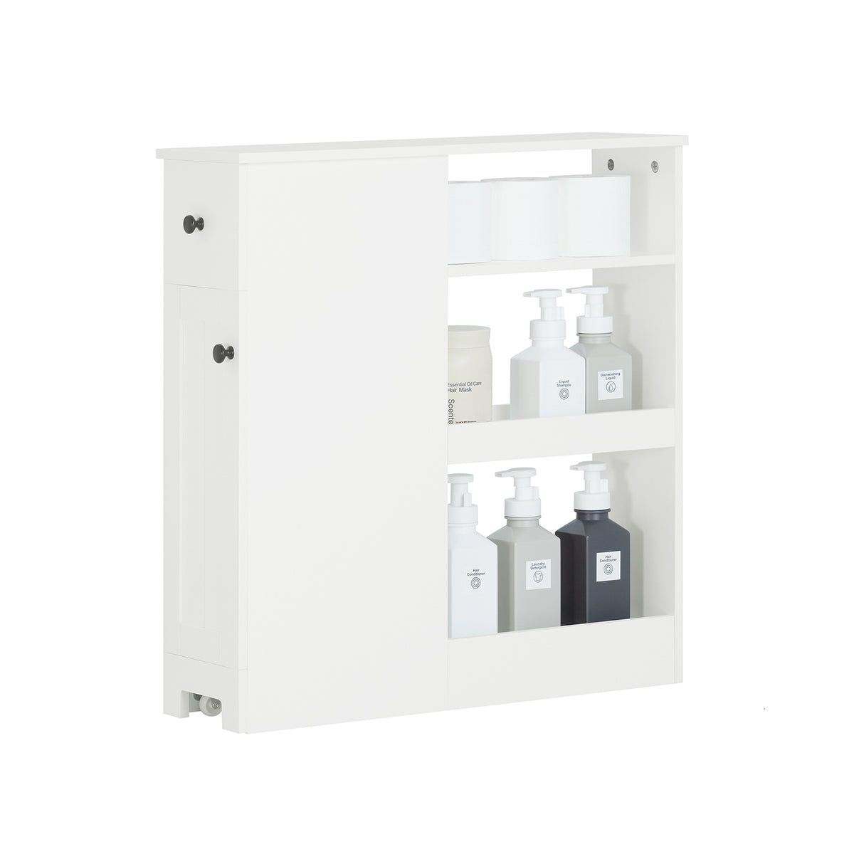 SoBuy BZR106-W Meuble de Rangement Salle de Bain Étroit sur Roulettes, Support Papier Toilette, Armoire Toilettes WC Compact