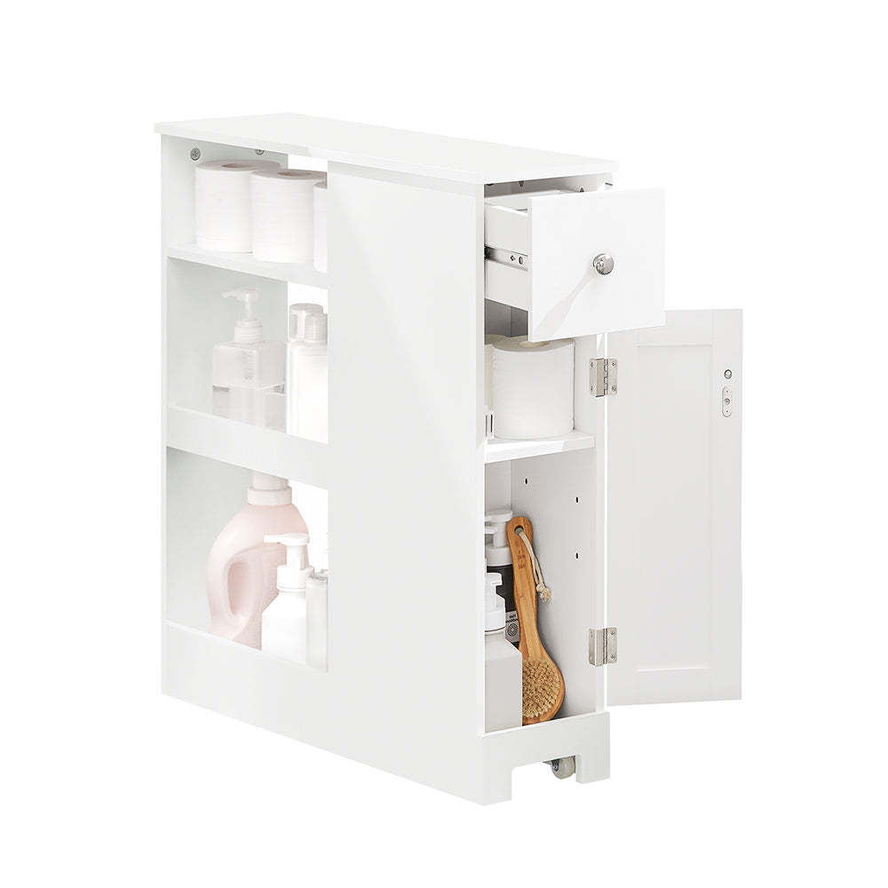 SoBuy BZR106-W Dulap de depozitare baie îngust pe roți, Suport hârtie igienică, Dulap WC compact, Cărucior de depozitare
