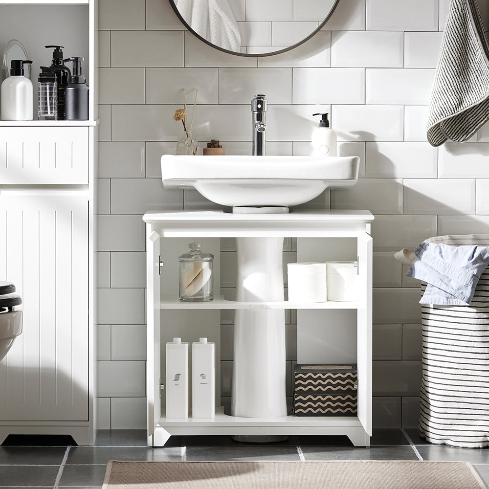 SoBuy BZR108-II-W Dulap sub chiuvetă pentru baie, Dulap sub lavoar, Dulap sub lavoar (chiuvetă), Dulap sub chiuvetă de bucătărie, Mască lavoar cu 2 uși, 60x30x60 cm, Alb