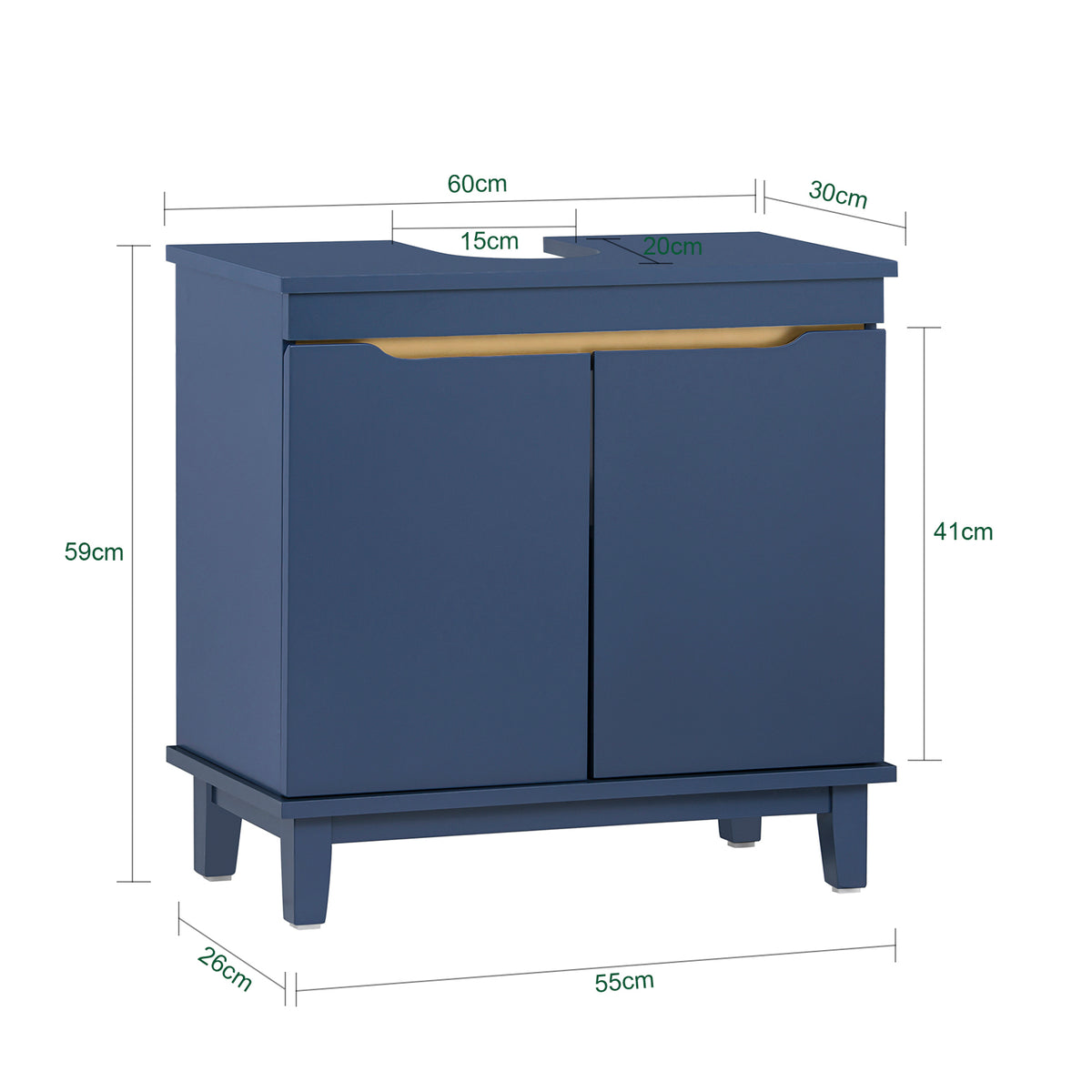 SoBuy BZR113-B Corp mobilier sub lavoar – Dulap de baie cu uși – Corp mobilă sub chiuvetă, Dulap de depozitare îngust din lemn pentru spații mici, Albastru închis, 60 x 59 x 30 cm