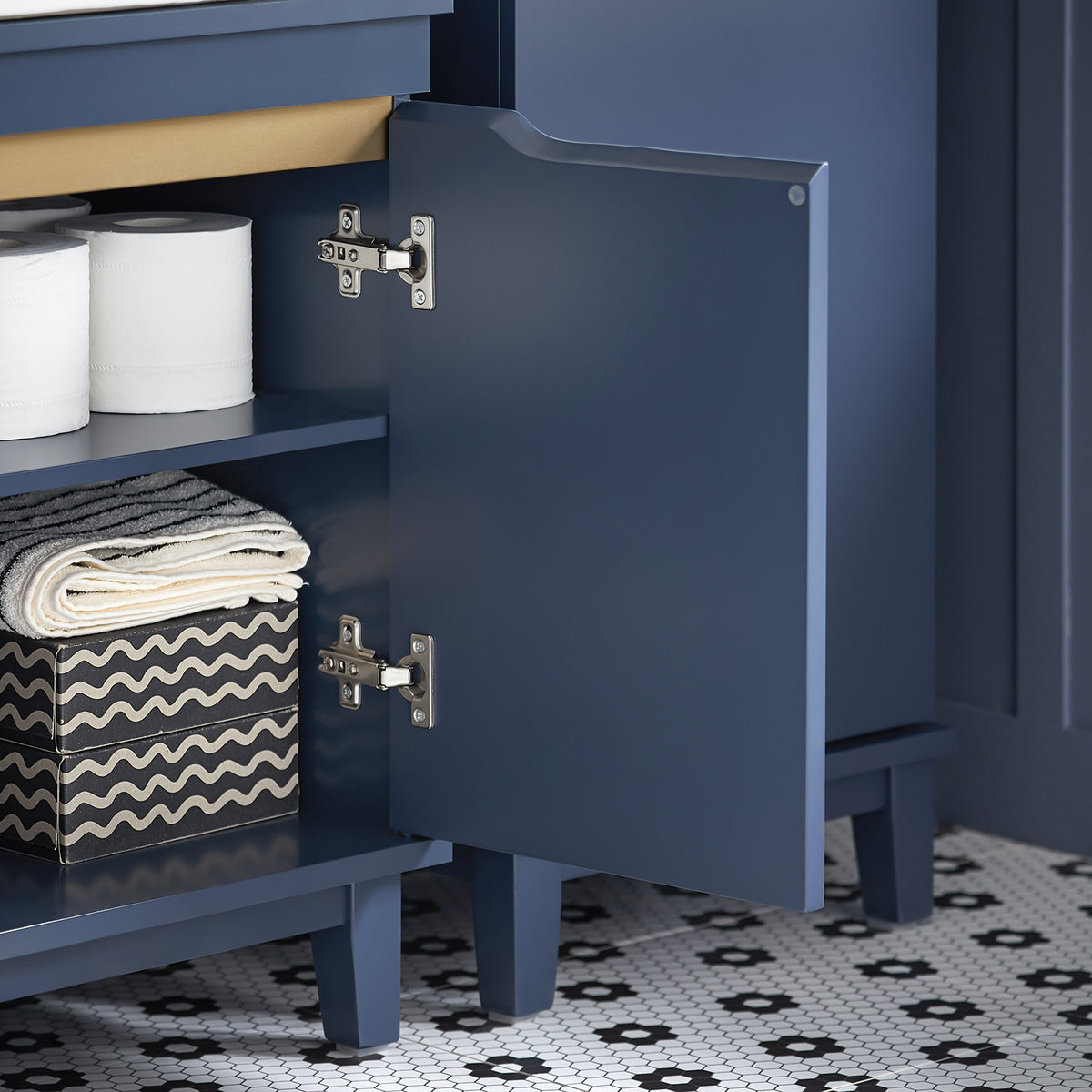 SoBuy BZR113-B Corp mobilier sub lavoar – Dulap de baie cu uși – Corp mobilă sub chiuvetă, Dulap de depozitare îngust din lemn pentru spații mici, Albastru închis, 60 x 59 x 30 cm