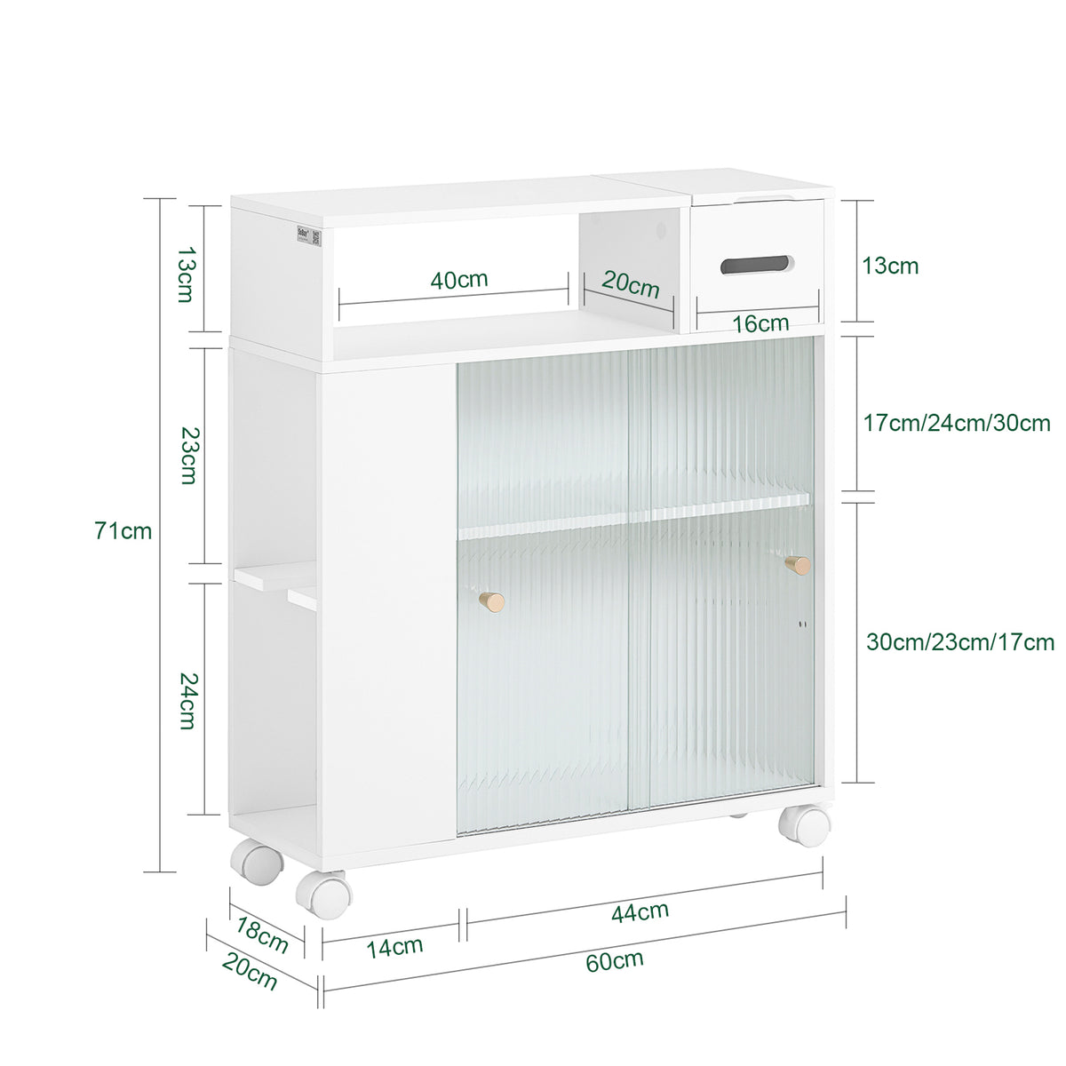 SoBuy BZR117-W Armoire WC Toilettes, Meuble Étroit Salle de Bain sur Roulettes, Support Papier Toilette avec 2 Portes Coulissantes en Verre