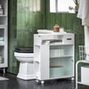SoBuy BZR117-W Dulap WC Toalete, Mobilier Baie Îngust cu Roți, Suport Hârtie Igienică cu 2 Uși Glisante din Sticlă