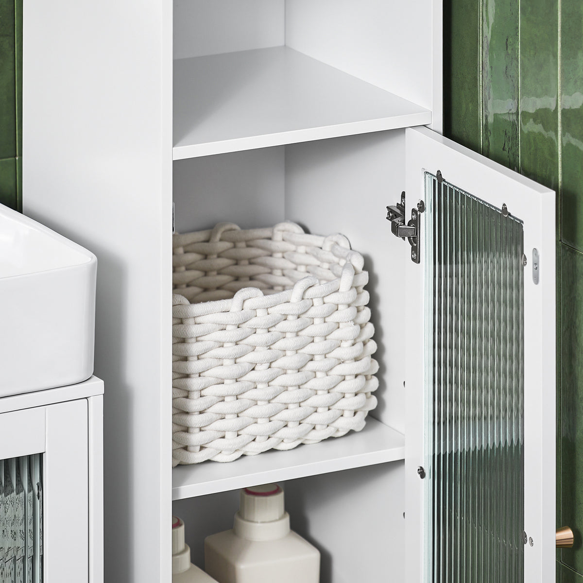 SoBuy BZR118-W Dulap Coloană de Baie Raft Îngust Dulap Înalt de Depozitare cu 2 Uși din Sticlă, 2 Compartimente Deschise