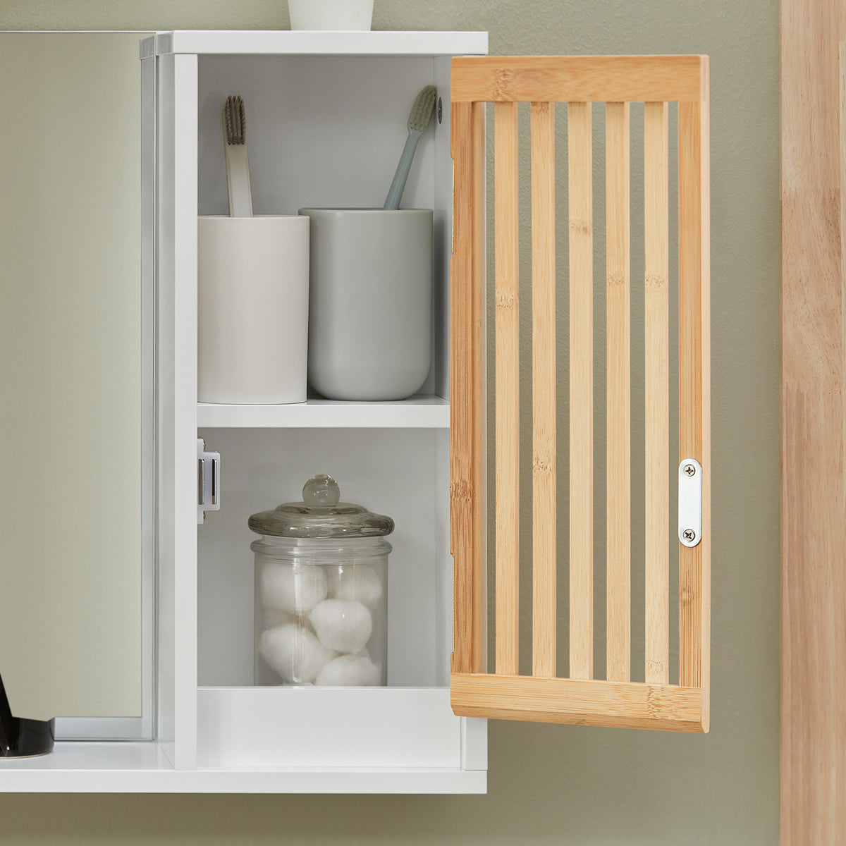 SoBuy BZR128-W Oglindă de baie cu raft, Comodă, Dulap de perete, Oglindă de perete, Mobilier de baie suspendat, Dulap de perete