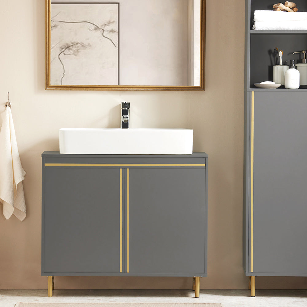 SoBuy BZR129-HG Meuble sous Lavabo, Meuble sous Vasque avec 2 Portes et 2 Étages, Meuble sur Pied de Salle de Bain, Placard Armoire