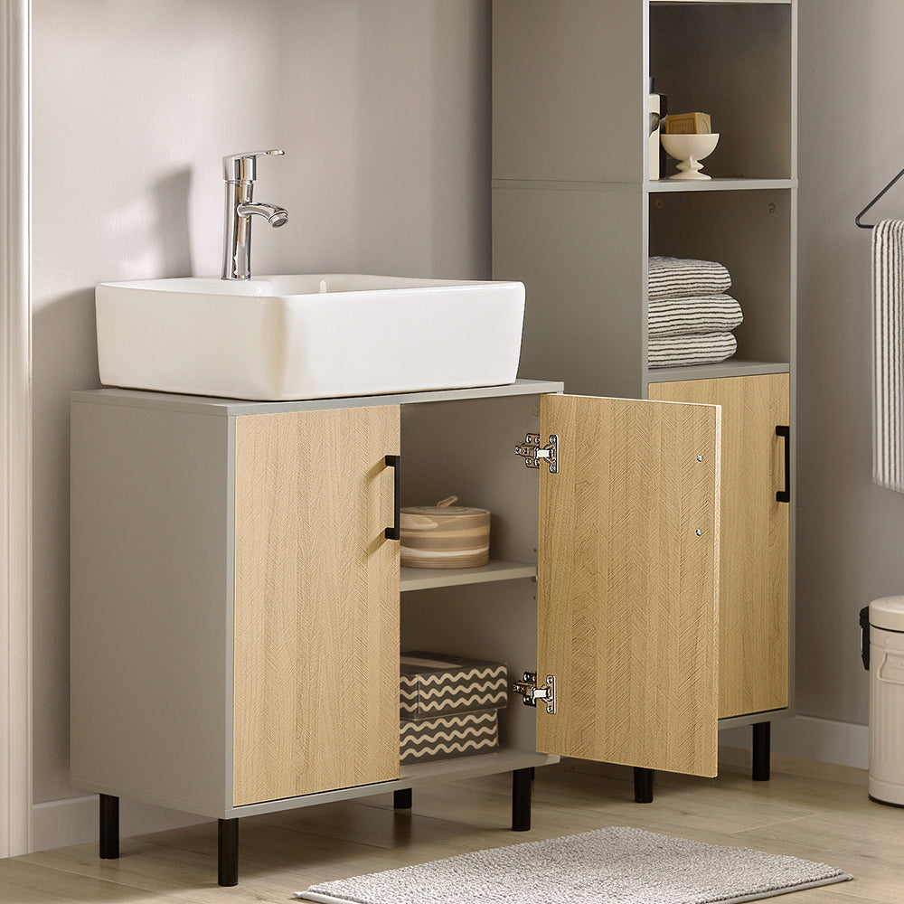 SoBuy BZR133-NG Meuble sous Lavabo, Meuble sous Vasque, Meuble Salle de Bain avec 2 Portes et 2 Étages, Placard de Rangement