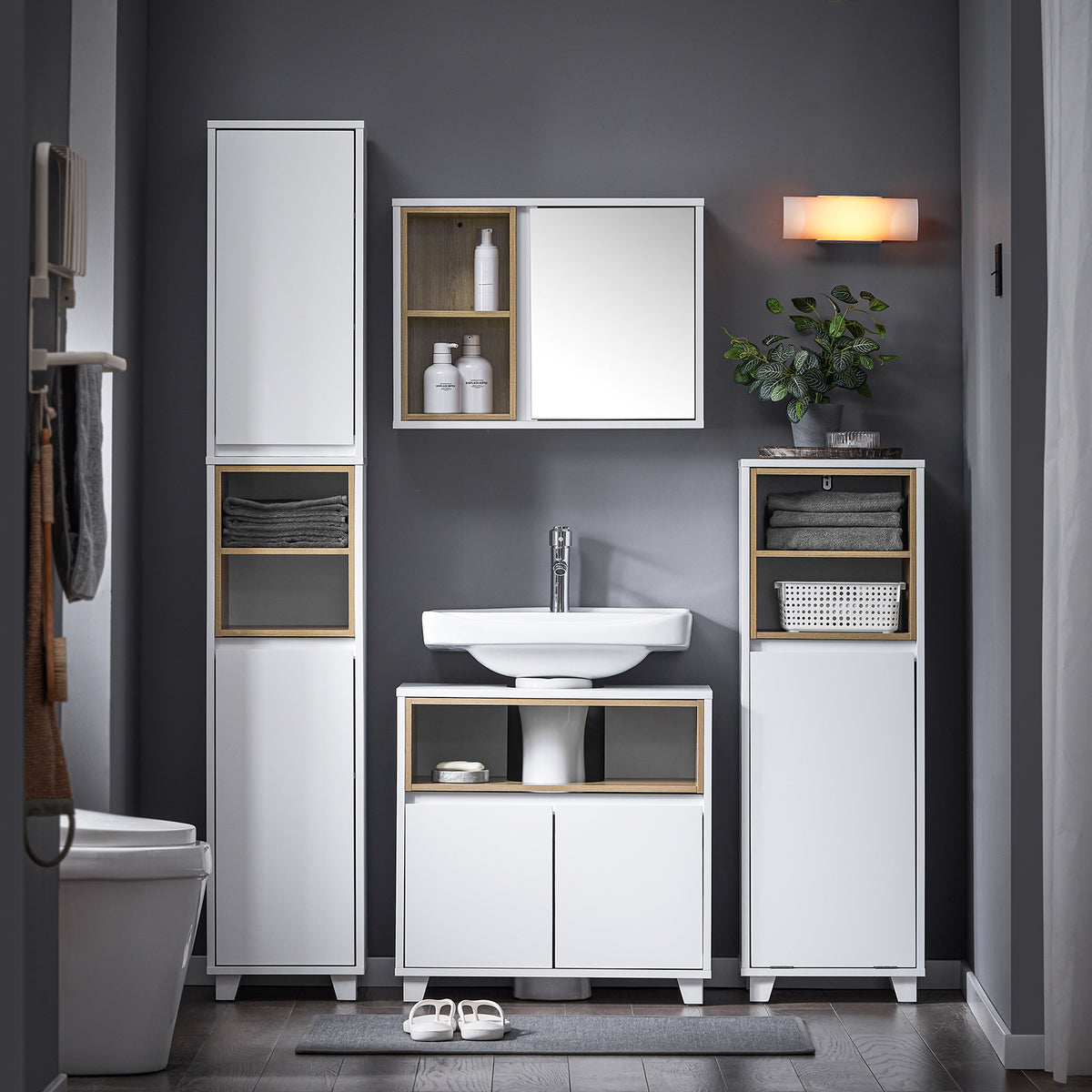 SoBuy BZR147-W Coloană de Baie Înaltă și Etanșă cu Rafturi Deschise și Uși, Dulap de Depozitare Baie Alb din MDF/PB 30x170x30cm