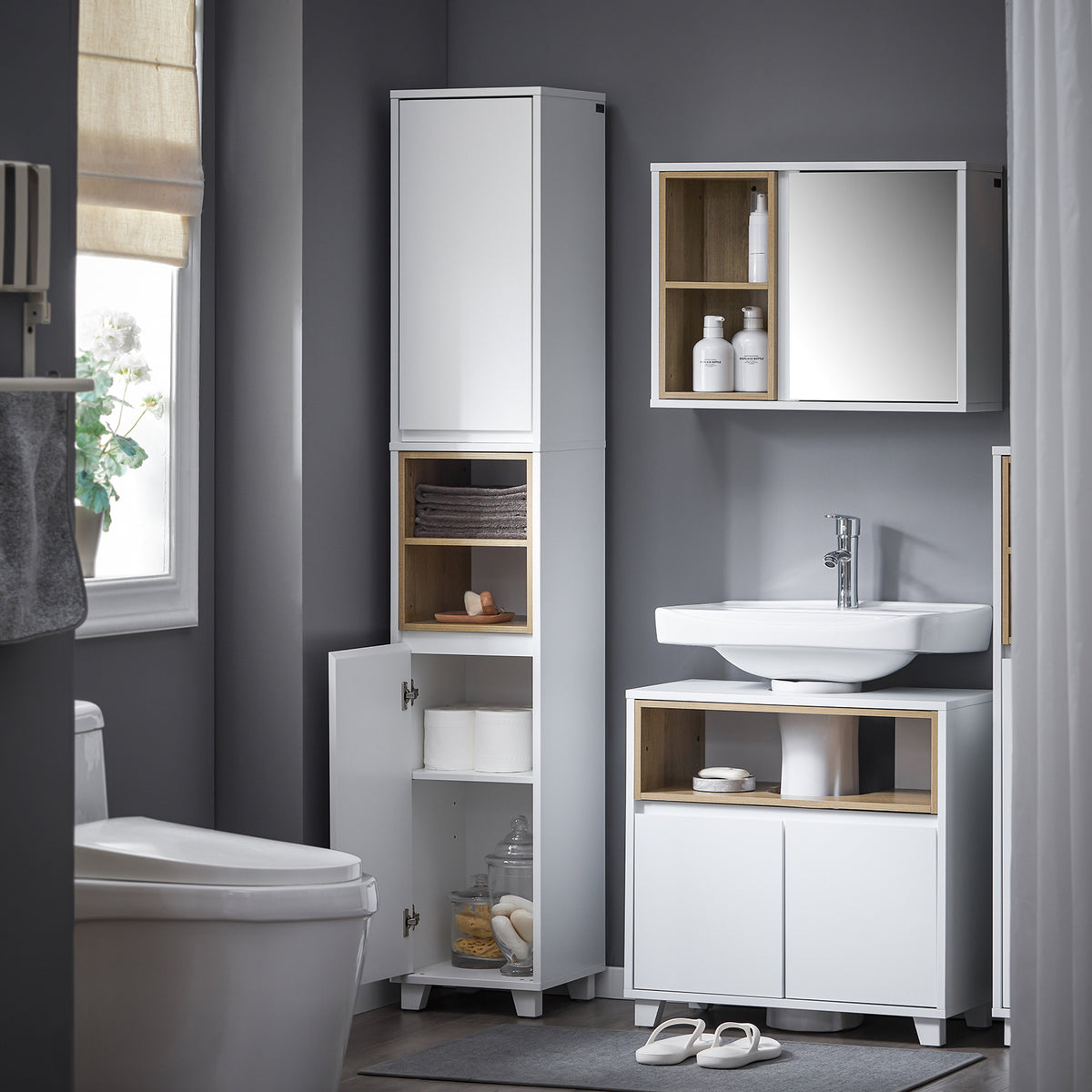 SoBuy BZR147-W Coloană de Baie Înaltă și Etanșă cu Rafturi Deschise și Uși, Dulap de Depozitare Baie Alb din MDF/PB 30x170x30cm