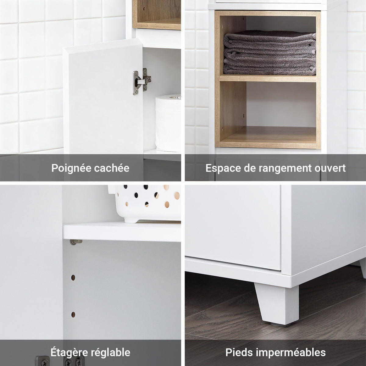 SoBuy BZR147-W Coloană de Baie Înaltă și Etanșă cu Rafturi Deschise și Uși, Dulap de Depozitare Baie Alb din MDF/PB 30x170x30cm
