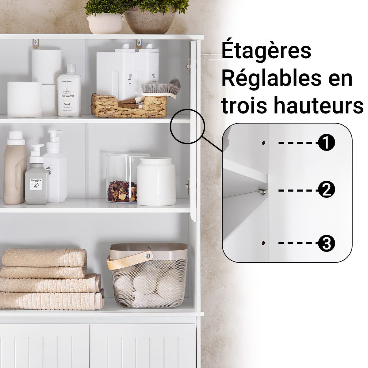 SoBuy BZR150-W intérieur colonne salle de bain – étagères réglables en 3 hauteurs pour produits de soin et serviettes