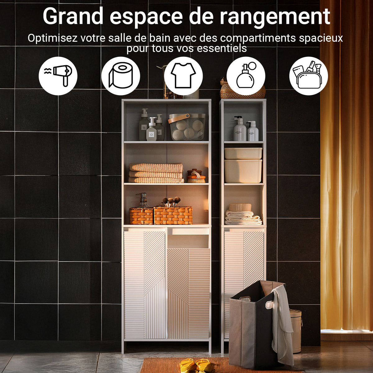 SoBuy BZR155-W Dulap înalt de baie cu coș de rufe – Dulap înalt și îngust cu uși și rafturi deschise – Dulap depozitare WC, Alb 60x30x171cm