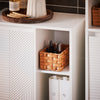 SoBuy BZR156-W Dulap de baie cu coș de rufe – Coloană de depozitare îngustă pentru WC cu ușă rabatabilă și rafturi deschise, 86x50x30cm, Alb