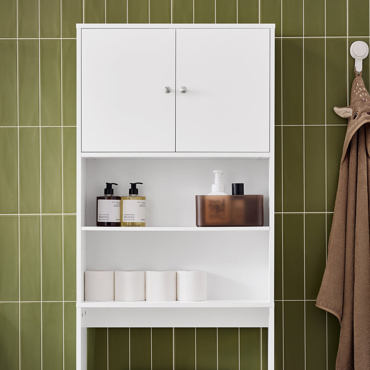 SoBuy BZR165-W Dulap baie, Dulap înalt, Dulap de depozitare WC, Dulap baie cu uși și rafturi reglabile pe 3 nivele, Dulap de depozitare deasupra WC-ului sau a mașinii de spălat, Alb, 65x182x20cm