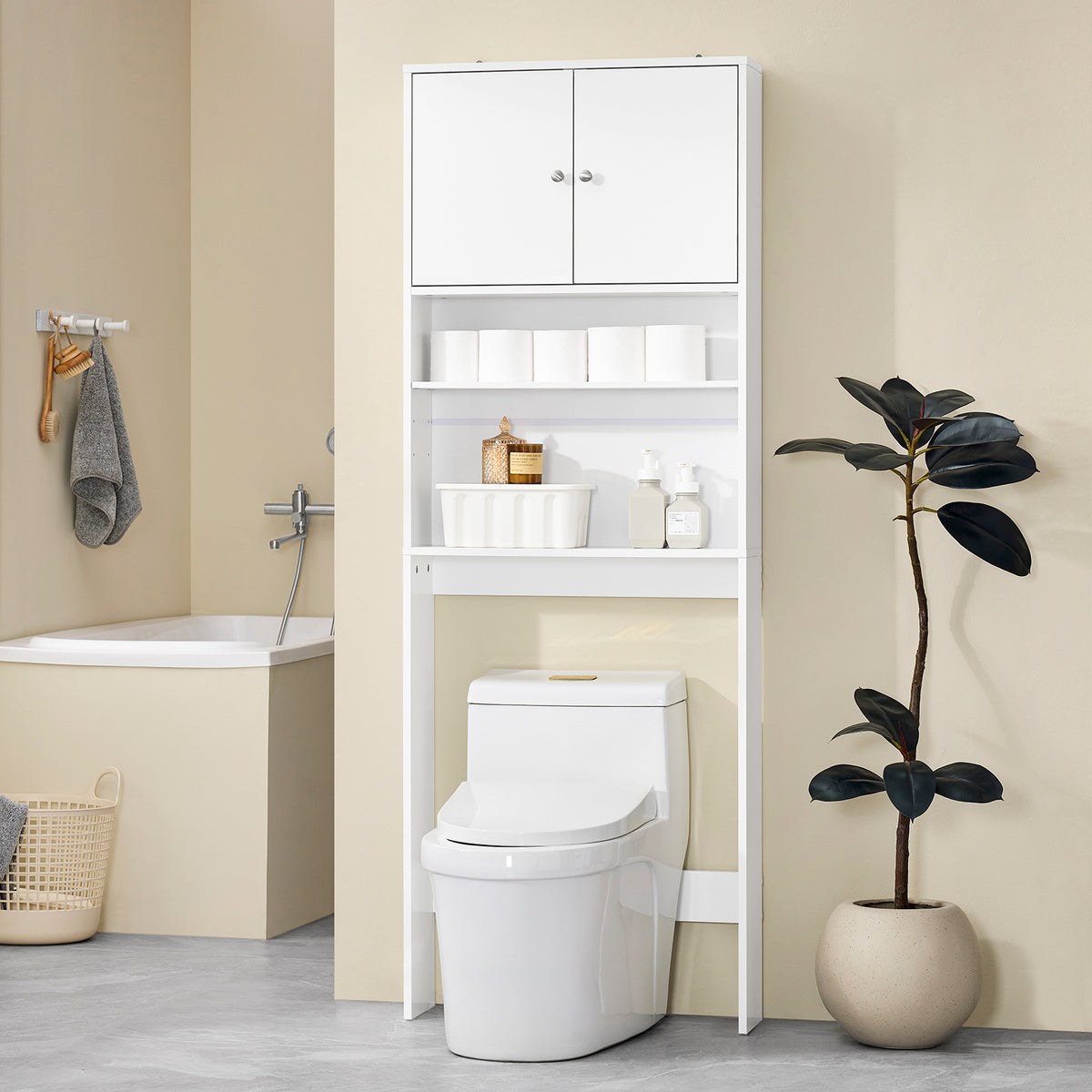 SoBuy BZR165-W Dulap baie, Dulap înalt, Dulap de depozitare WC, Dulap baie cu uși și rafturi reglabile pe 3 nivele, Dulap de depozitare deasupra WC-ului sau a mașinii de spălat, Alb, 65x182x20cm