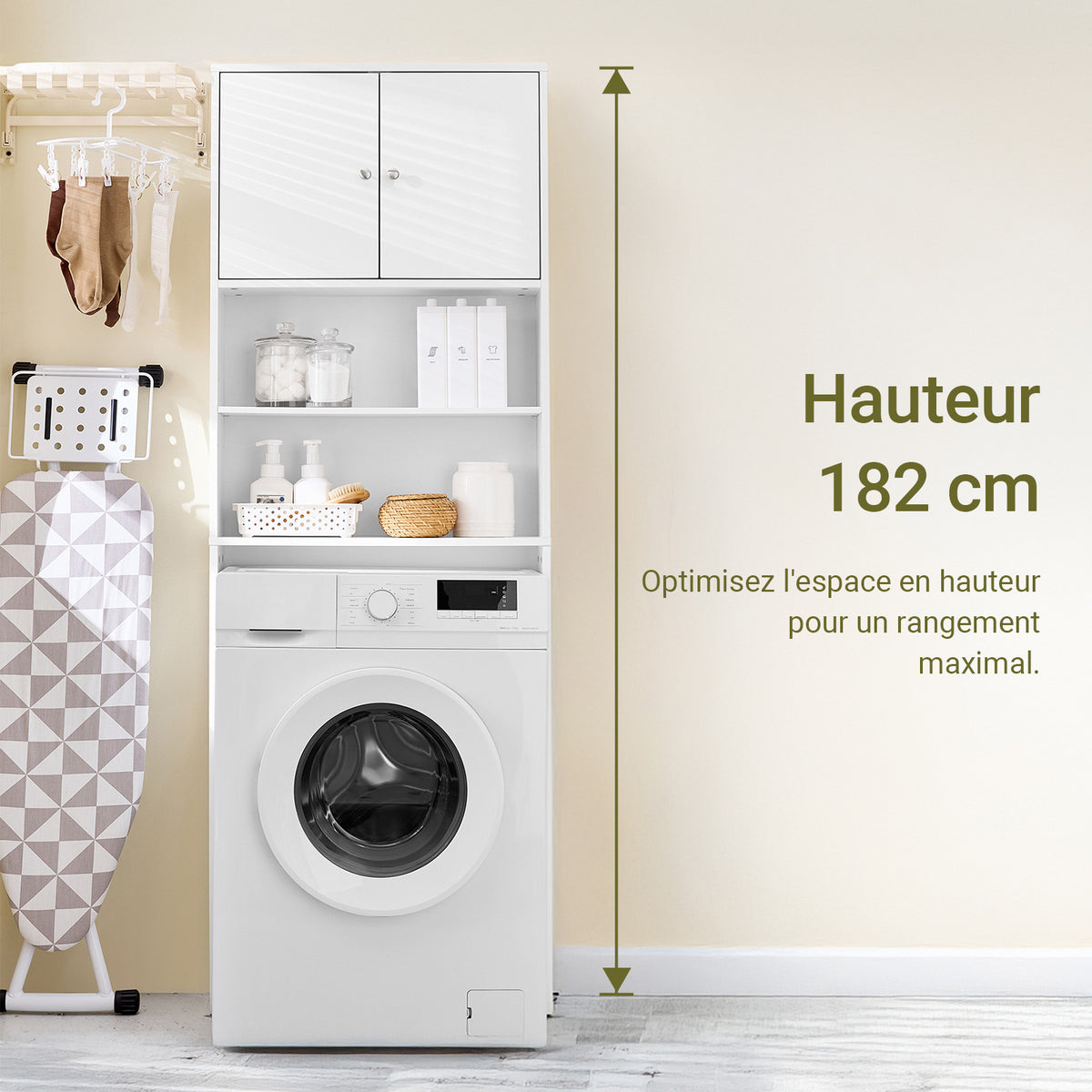 SoBuy BZR165-W Dulap baie, Dulap înalt, Dulap de depozitare WC, Dulap baie cu uși și rafturi reglabile pe 3 nivele, Dulap de depozitare deasupra WC-ului sau a mașinii de spălat, Alb, 65x182x20cm