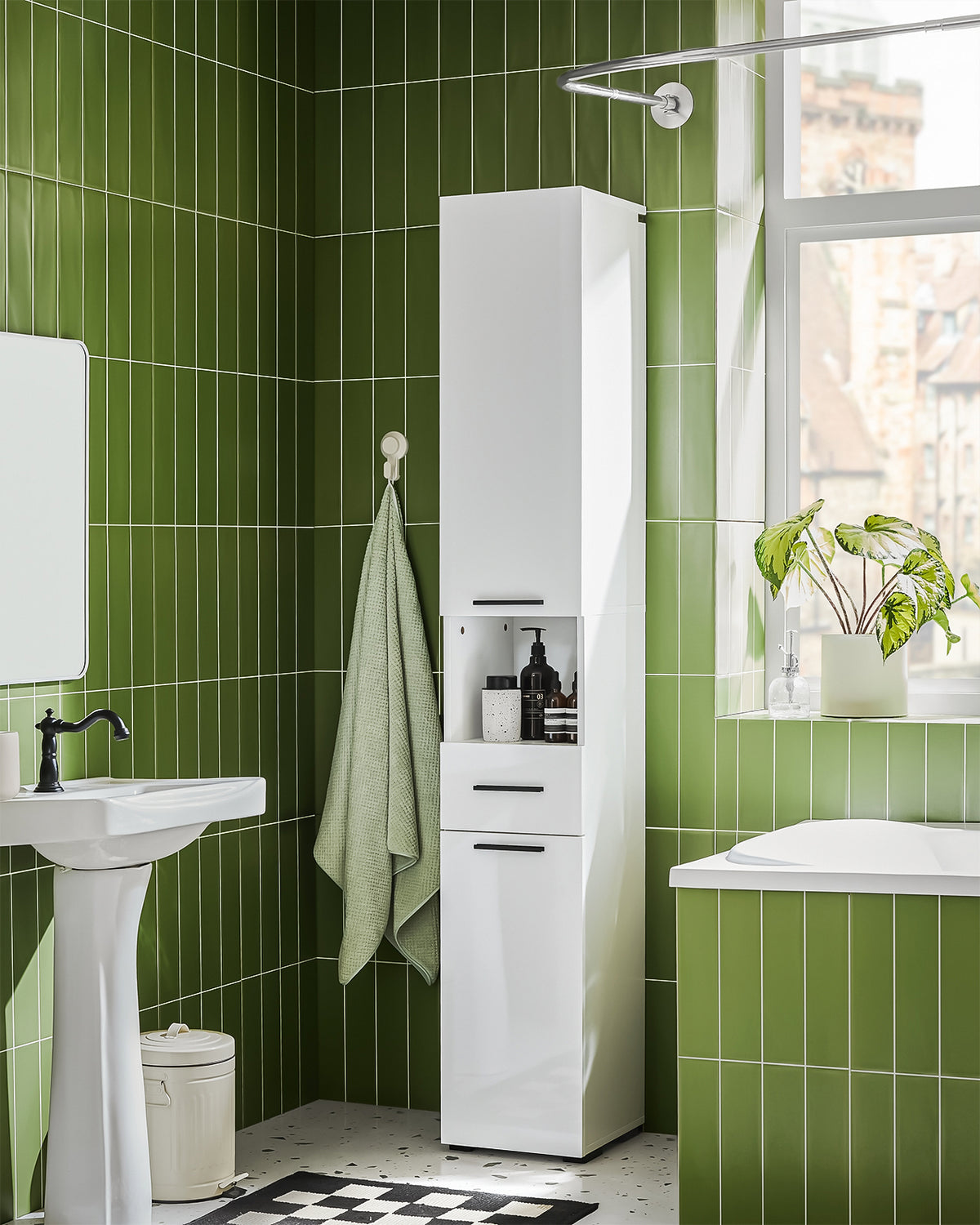 SoBuy BZR166-W Dulap de depozitare tip coloană, Dulap de depozitare îngust, 1 sertar, 2 uși și 2 rafturi reglabile