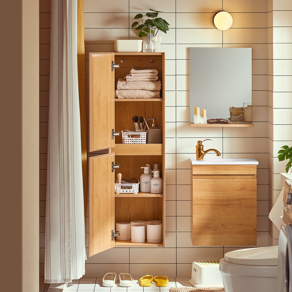 SoBuy BZR169-SET Mobilier suspendat pentru lavoar cu oglindă, Set mobilier baie cu lavoar din ceramică și oglindă