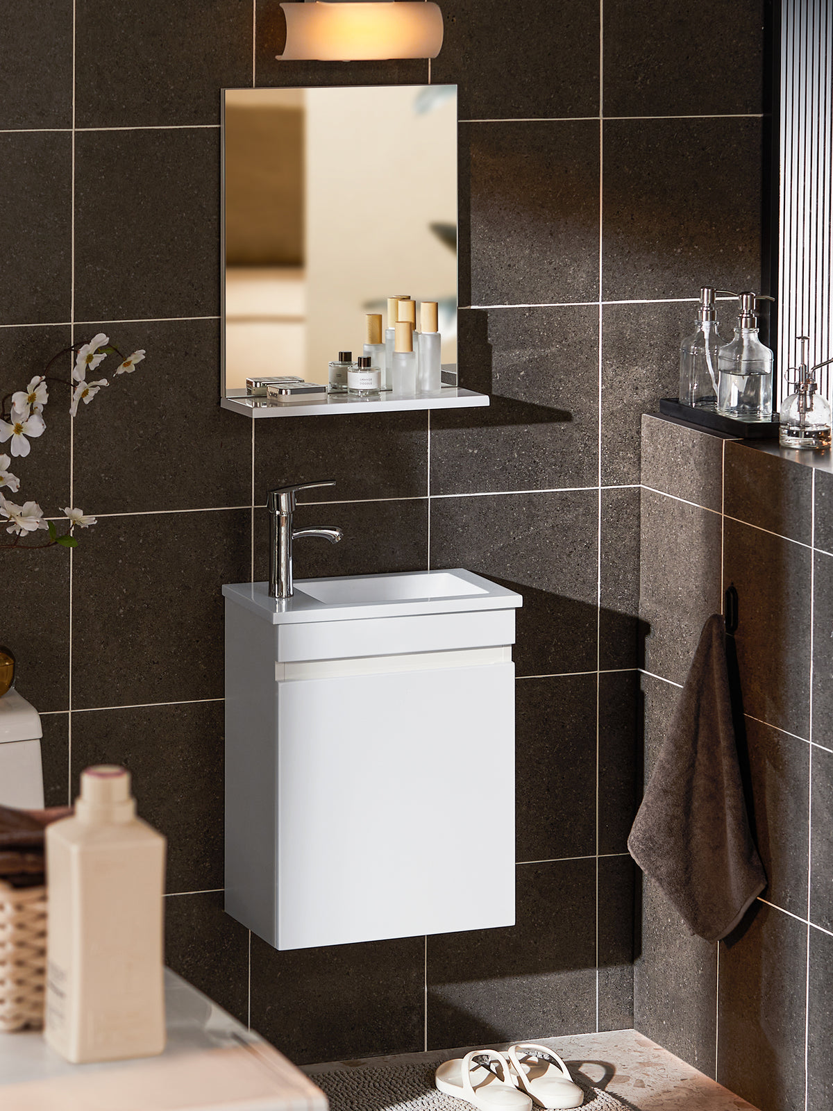 SoBuy BZR170-SET Meuble Suspendu pour Lavabo avec Miroir Meuble sous Vasque avec Miroir Ensemble de Lavabo en céramique