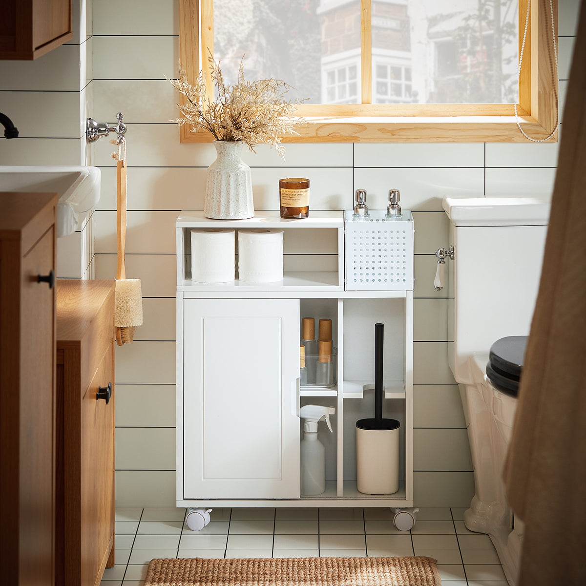 SoBuy BZR176-W Armoire Toilettes WC Support Papier Toilette, Armoire de Salle de Bain sur Roulettes, 2 Compartiments Ouverts