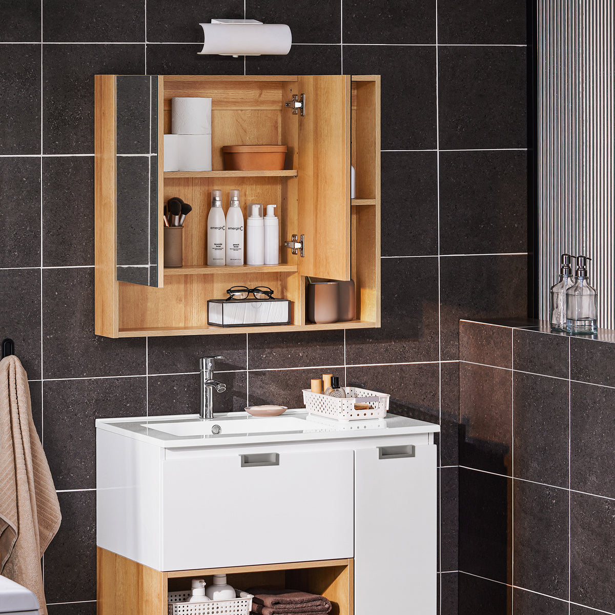 SoBuy BZR177-N Dulap de perete cu oglindă, Dulap de depozitare, Dulap înalt cu 2 uși, Raft reglabil, 80x13x70 cm