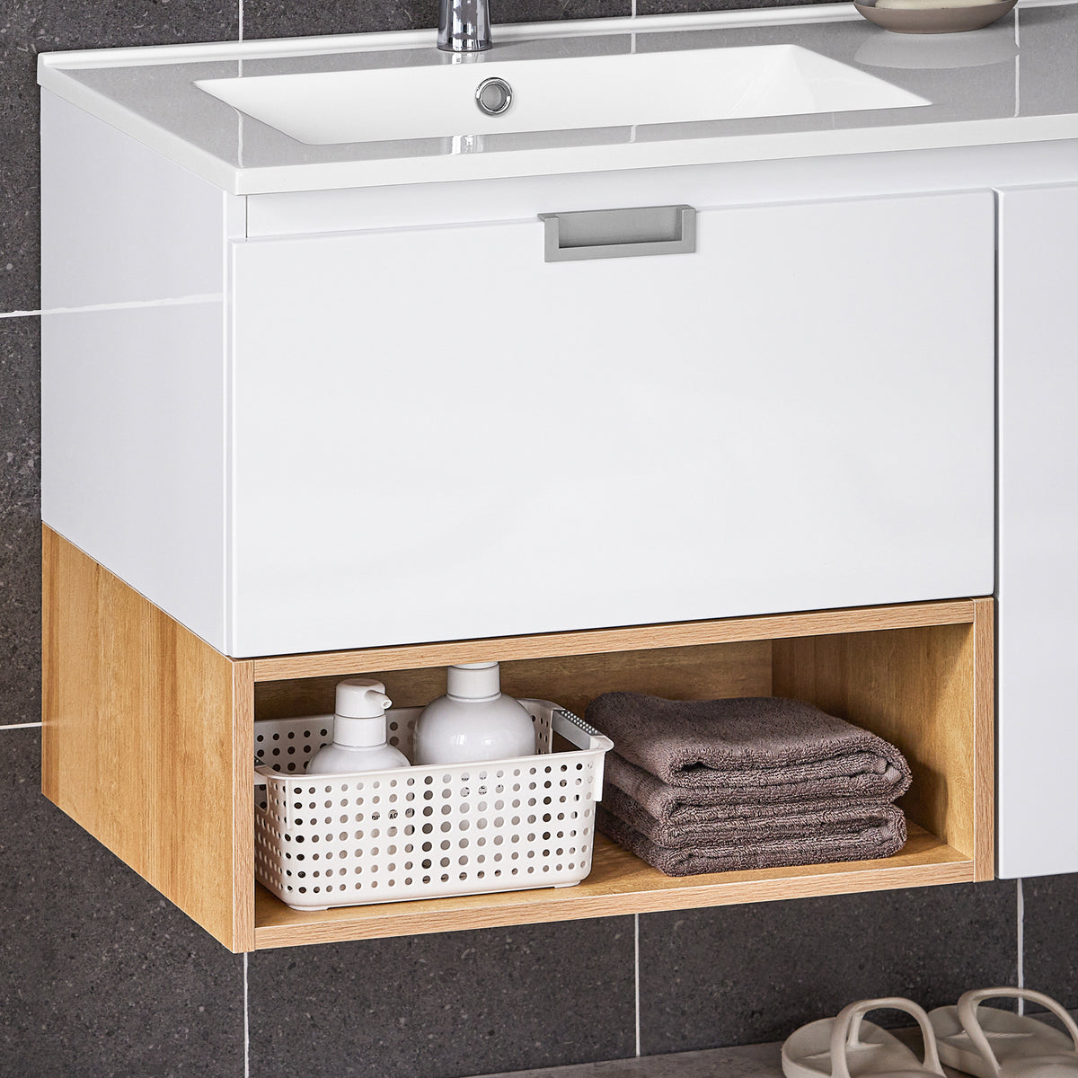 SoBuy BZR178-WN Ensemble Meuble Vasque Suspendu avec 1 Tiroir et 1 Porte, Rangement Optimisé, Design Fonctionnel – L80×P46×H54 cm, MDF + Céramique, Blanc
