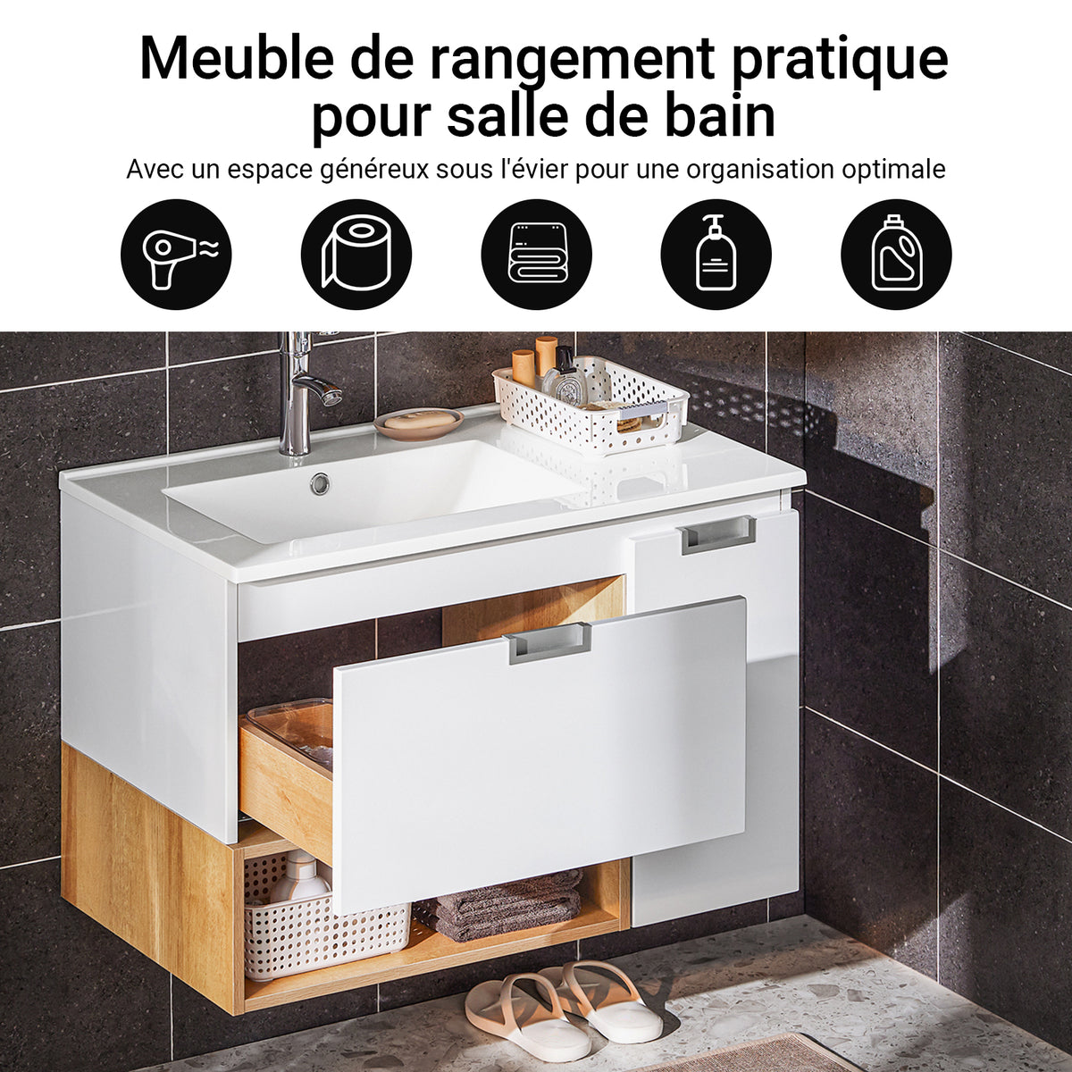 SoBuy BZR178-WN Ensemble Meuble Vasque Suspendu avec 1 Tiroir et 1 Porte, Rangement Optimisé, Design Fonctionnel – L80×P46×H54 cm, MDF + Céramique, Blanc