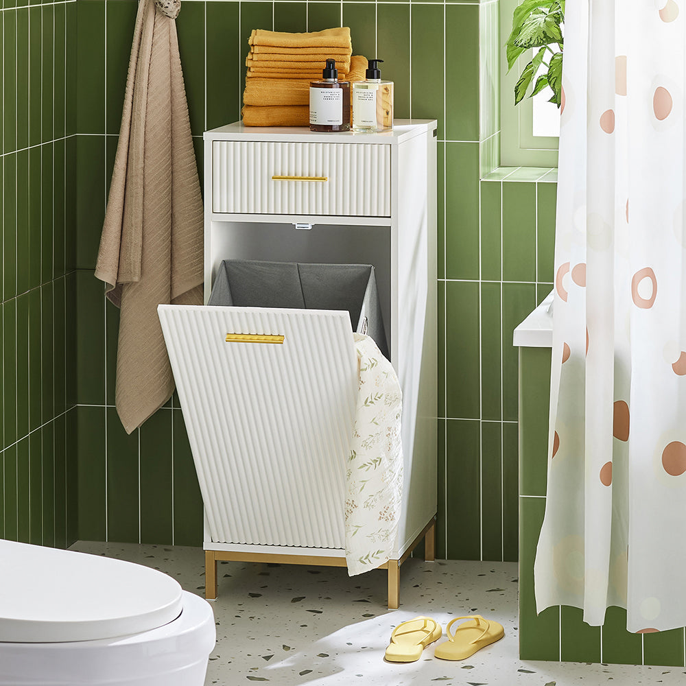 SoBuy BZR180-W Dulap de rufe, coș de rufe, dulap de baie pe picioare, dulap de toaletă, dulap de depozitare cu 1 sertar și 1 coș de rufe detașabil, alb, 40x40x95cm
