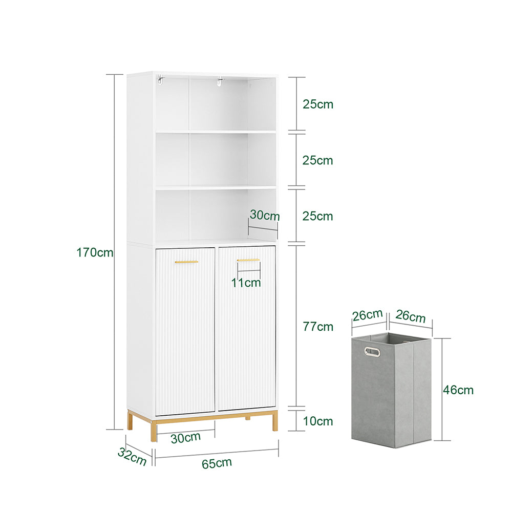 SoBuy BZR182-W Colonne Salle de Bain avec 2 Portes, 2 Paniers à Linge Amovibles et 3 Compartiments Ouverts, pour Salle de Bain et WC – L65×P32×H170 cm, Blanc