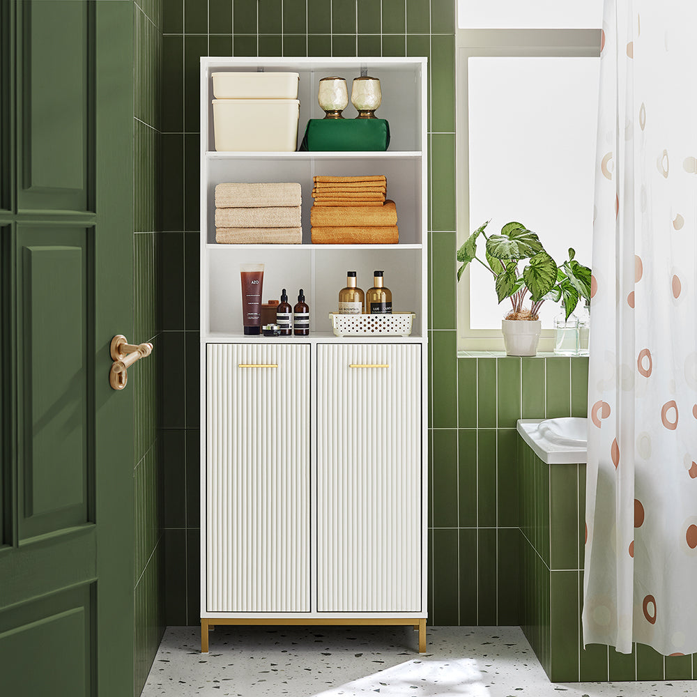 SoBuy BZR182-W Dulap înalt de baie cu sac de rufe, Coloană de mobilier de baie cu 2 uși, 2 coșuri de rufe detașabile, 3 compartimente deschise, 65x32x170 cm, Alb