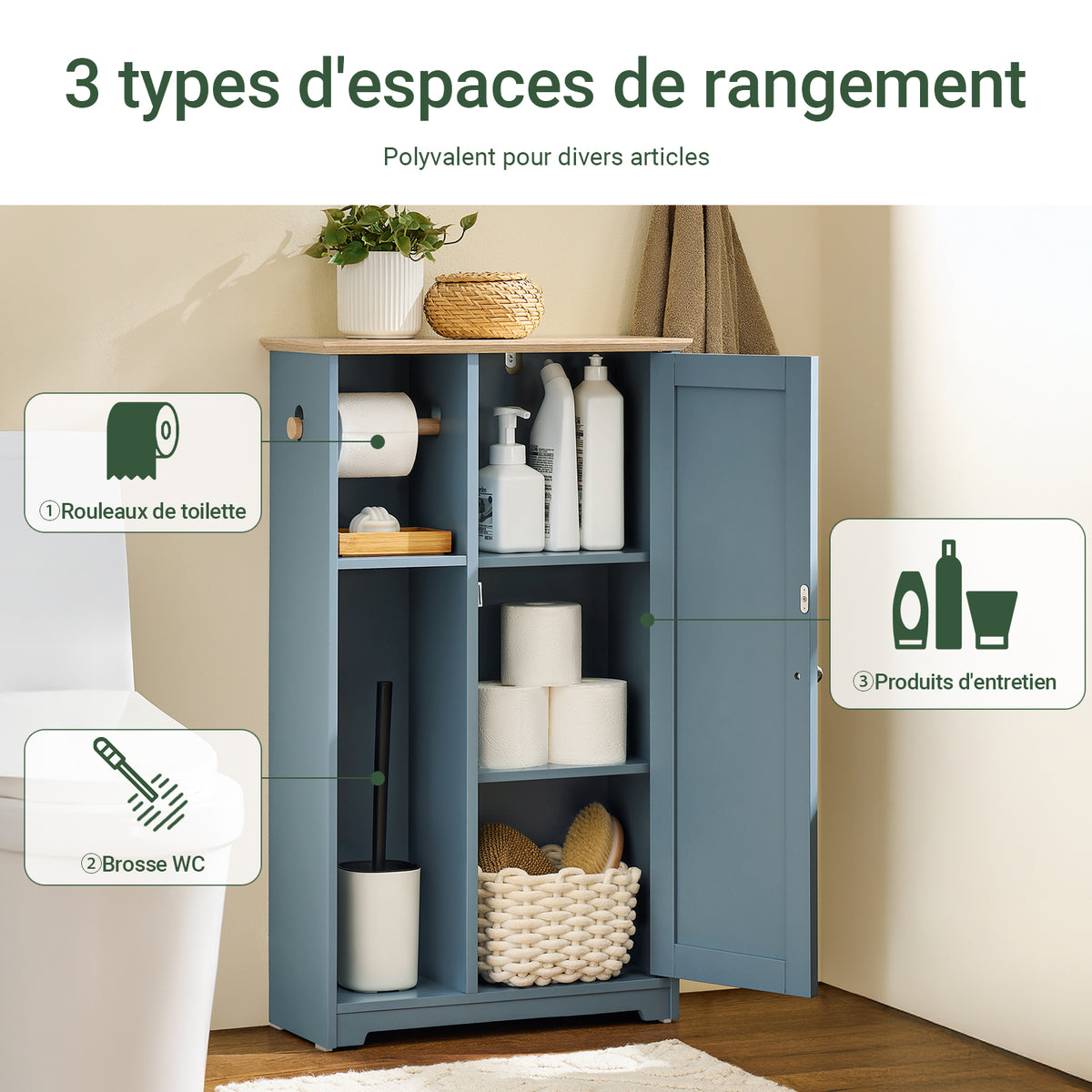 SoBuy BZR189-HG Dulap de Depozitare pentru Baie, Suport Hârtie Igienică, Suport Perie WC cu 1 Ușă
